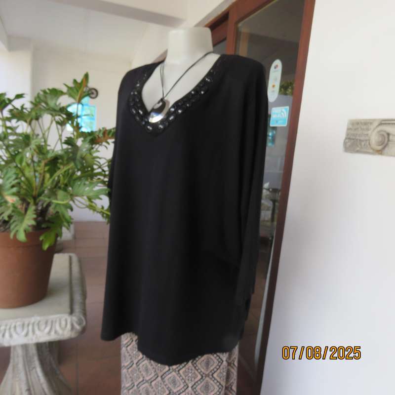 QUEENSPARK very black slip over long sleeve size 50 stretch viscose top. Black embellishment