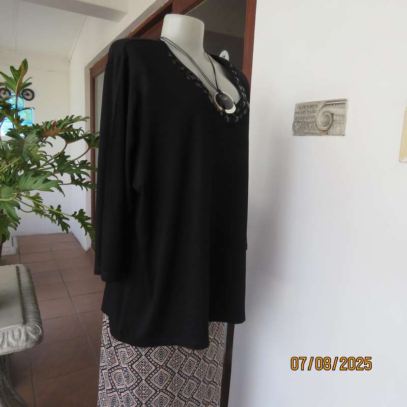 QUEENSPARK very black slip over long sleeve size 50 stretch viscose top. Black embellishment