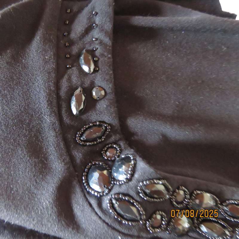 QUEENSPARK very black slip over long sleeve size 50 stretch viscose top. Black embellishment