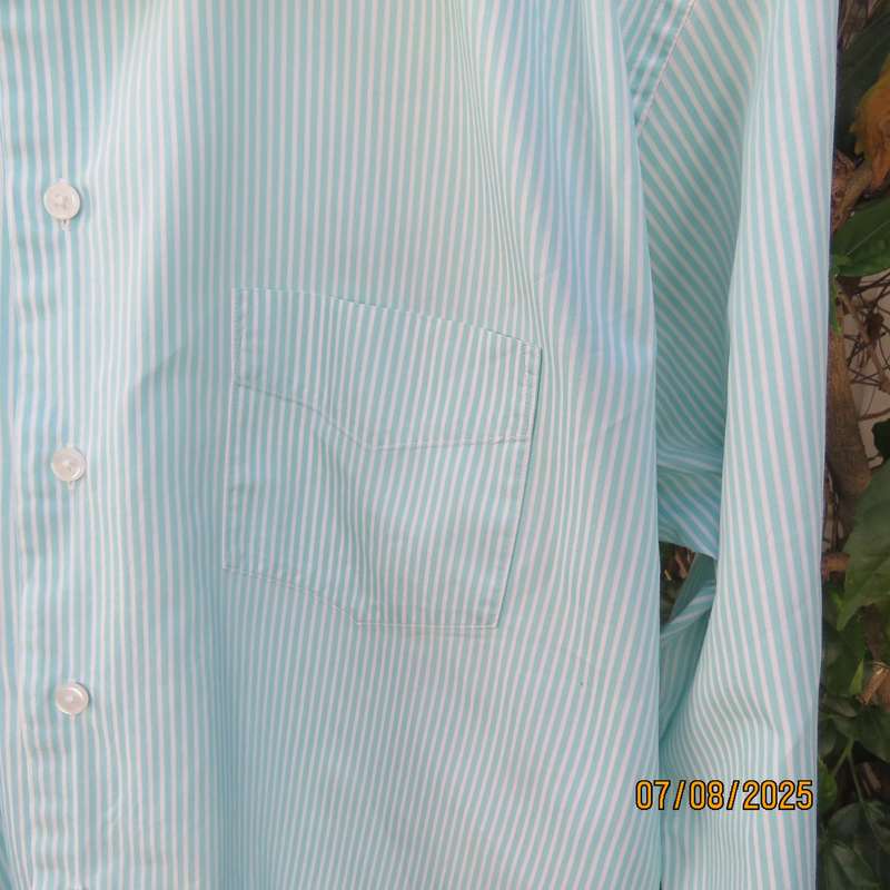 WOOLWORTHS pure cotton white-aqua vertical striped shirt size XL.