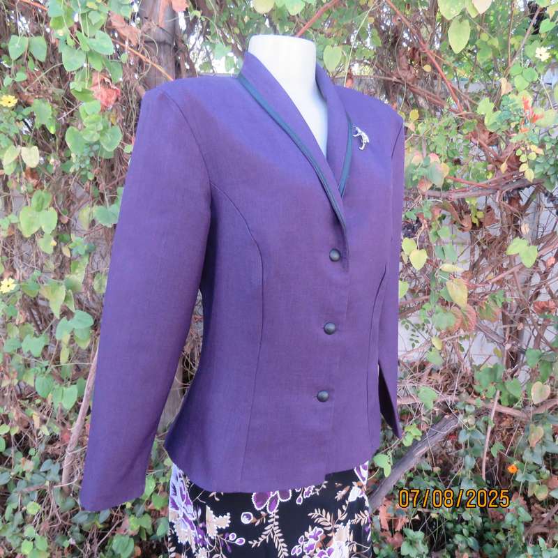 Purple tailored long sleeve jacket with shawl collar and 3 button closure. Size 36