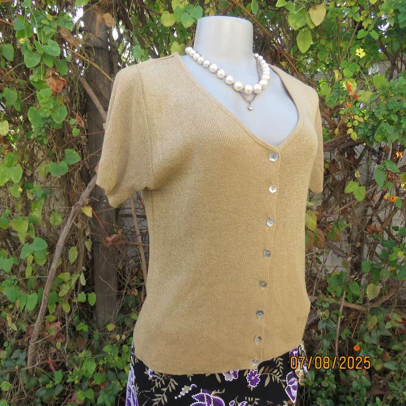 TRUWORTHS gold colour poly-viscose knit with gold lurex V button down top. Size 36.