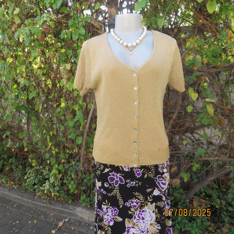 TRUWORTHS gold colour poly-viscose knit with gold lurex V button down top. Size 36.