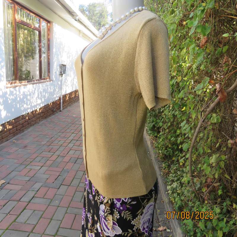 TRUWORTHS gold colour poly-viscose knit with gold lurex V button down top. Size 36.