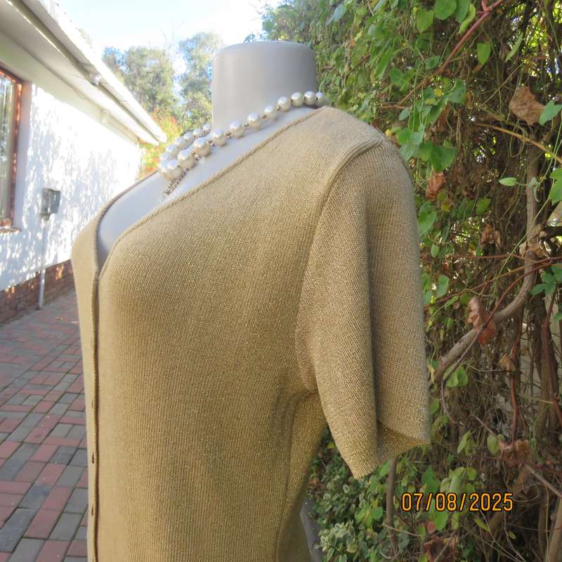 TRUWORTHS gold colour poly-viscose knit with gold lurex V button down top. Size 36.