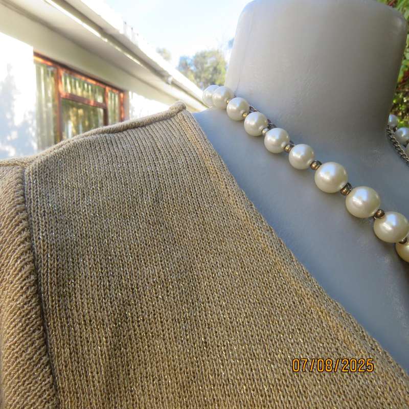TRUWORTHS gold colour poly-viscose knit with gold lurex V button down top. Size 36.