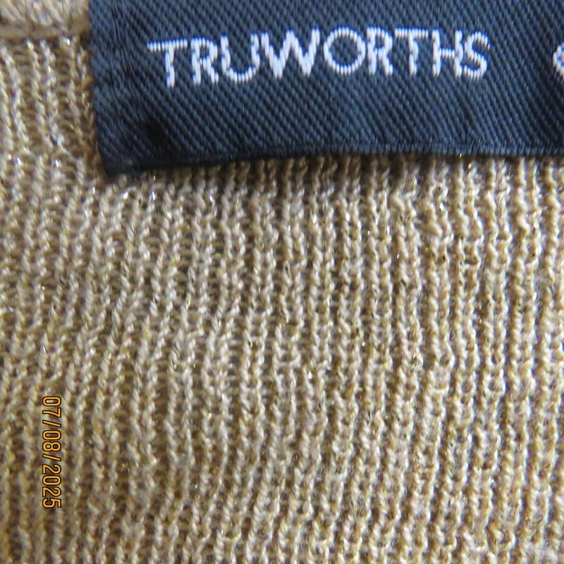 TRUWORTHS gold colour poly-viscose knit with gold lurex V button down top. Size 36.