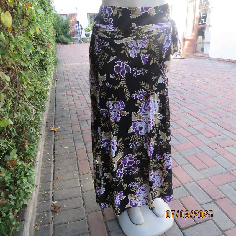 Black sheer stretch polyester maxi skirt with purple-grey roses. Wide bottom. Size 36