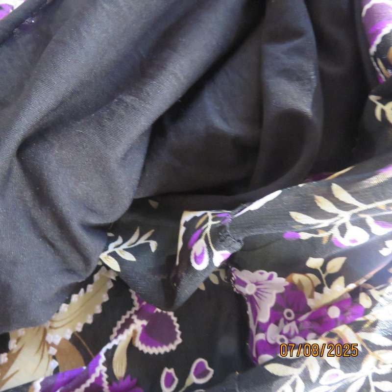 Black sheer stretch polyester maxi skirt with purple-grey roses. Wide bottom. Size 36