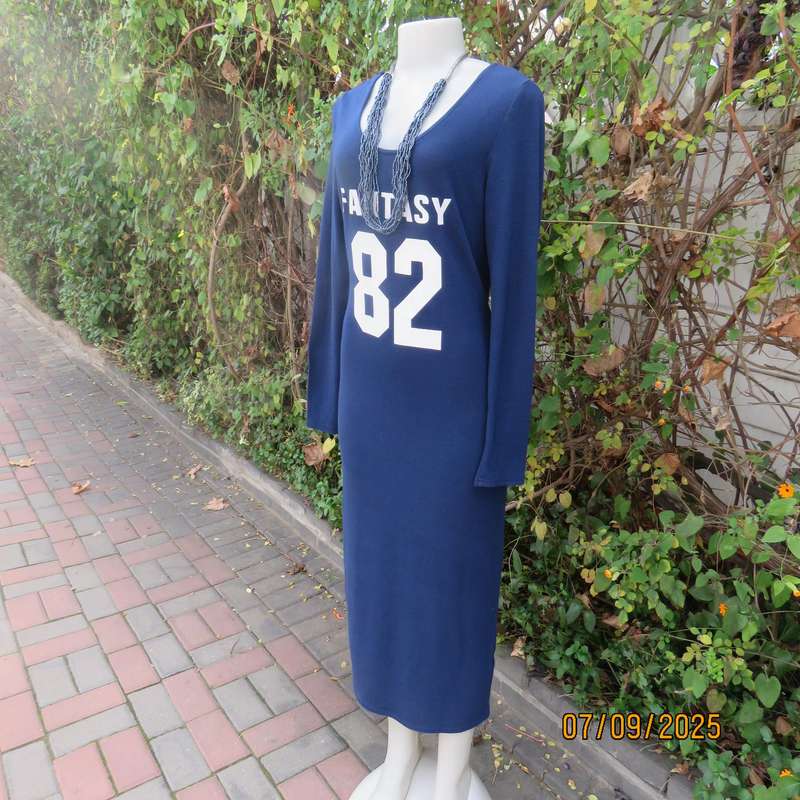NEW FEELING navy maxi bodycon ribbed stretch polyester dress. White logo. Size 36