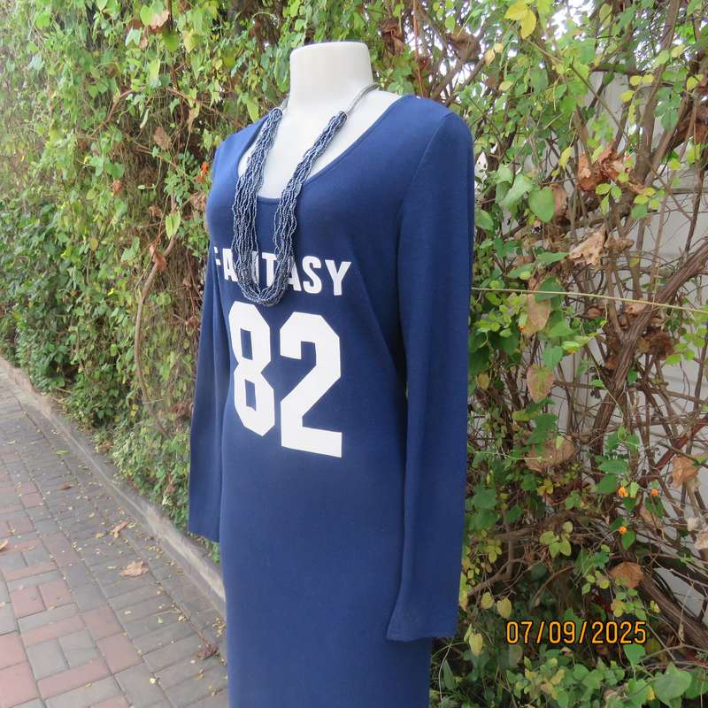 NEW FEELING navy maxi bodycon ribbed stretch polyester dress. White logo. Size 36