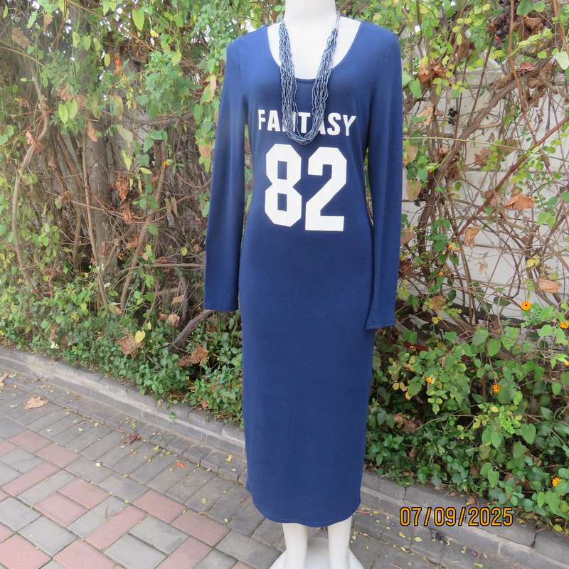 NEW FEELING navy maxi bodycon ribbed stretch polyester dress. White logo. Size 36