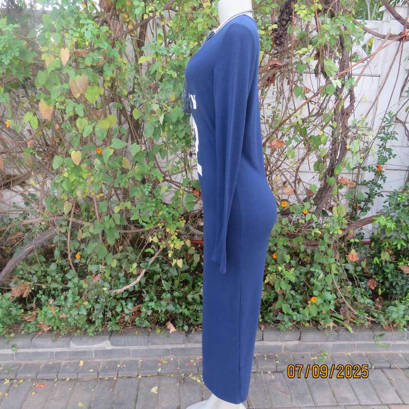 NEW FEELING navy maxi bodycon ribbed stretch polyester dress. White logo. Size 36