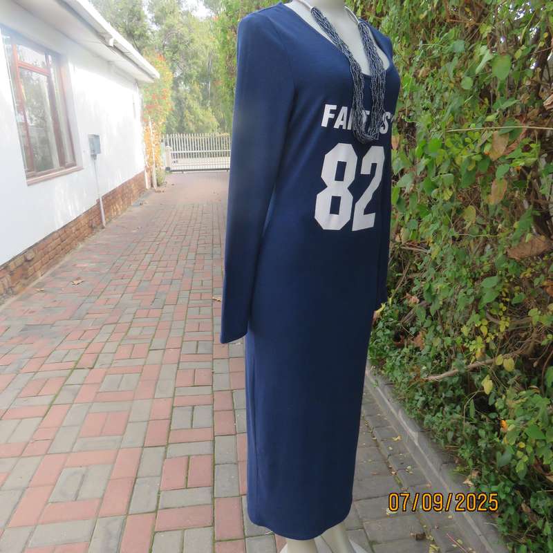 NEW FEELING navy maxi bodycon ribbed stretch polyester dress. White logo. Size 36