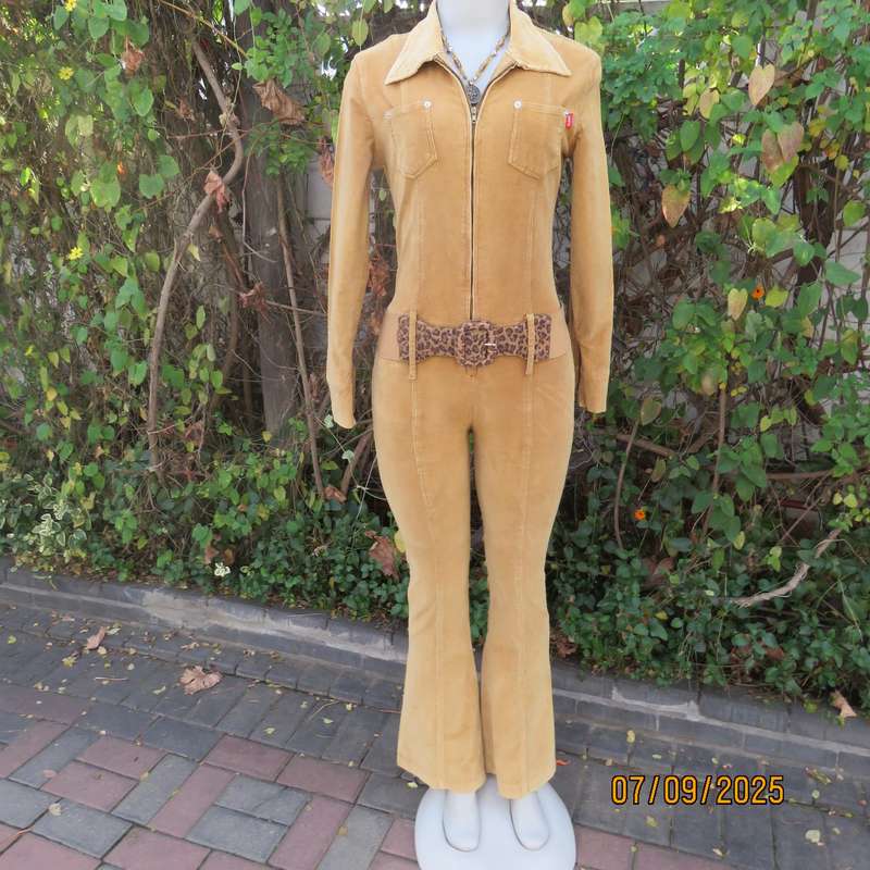 LUCY'S tan stretch corduroy jumpsuit size 32. Zip-up front. Bell bottom legs.