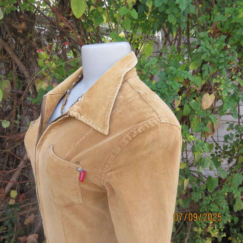 LUCY'S tan stretch corduroy jumpsuit size 32. Zip-up front. Bell bottom legs.