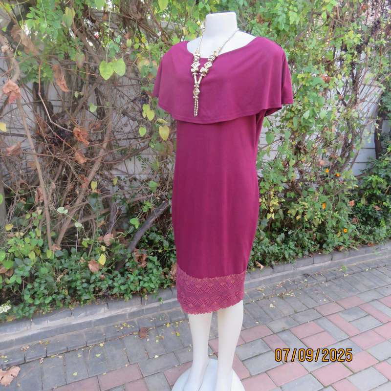 Maroon sleeveless shift dress with wide Bertha collar. Lace hem border. Size 38