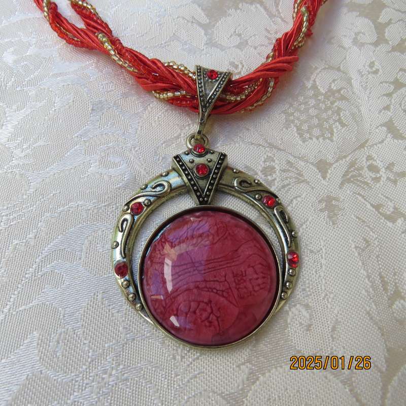 Handmade woven rice beads necklace bohemian large pendant with red stone. New item.