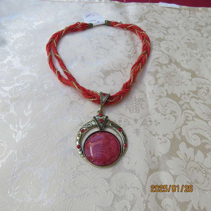 Handmade woven rice beads necklace bohemian large pendant with red stone. New item.