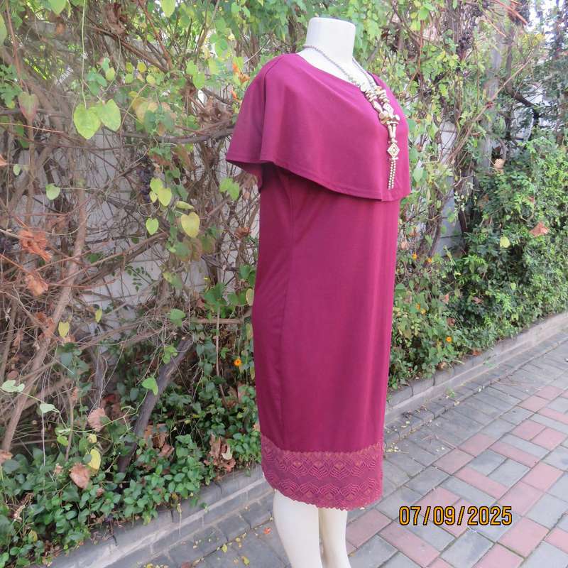 Maroon sleeveless shift dress with wide Bertha collar. Lace hem border. Size 38