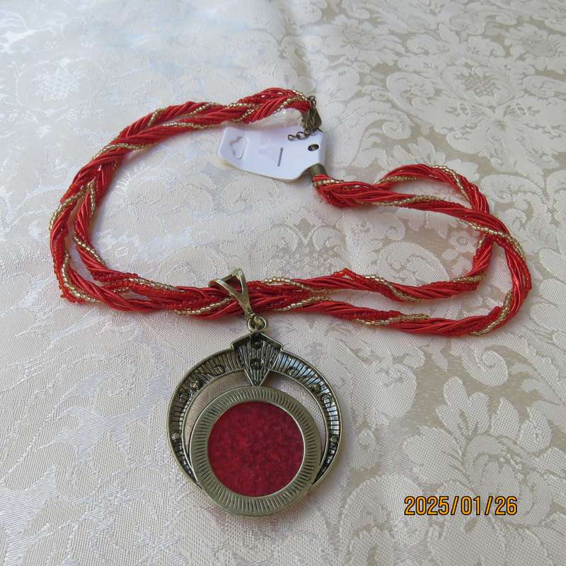 Handmade woven rice beads necklace bohemian large pendant with red stone. New item.