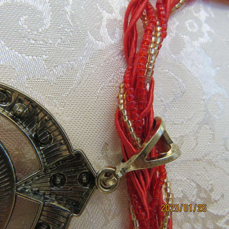 Handmade woven rice beads necklace bohemian large pendant with red stone. New item.