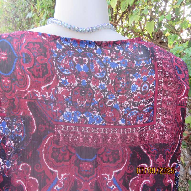 Maroon sheer polyester paisley-floral print in blue-white long sleeve top. Size 42.