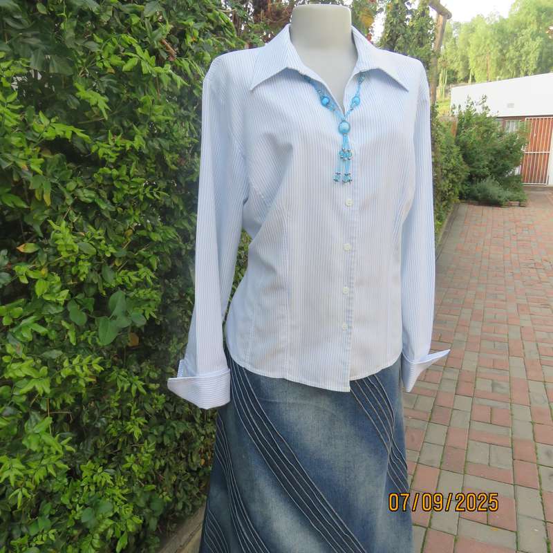 QUEENSPARK blue-white vertical striped high quality polycotton long sleeve top. Size 42