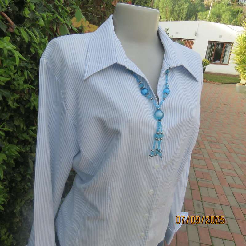 QUEENSPARK blue-white vertical striped high quality polycotton long sleeve top. Size 42