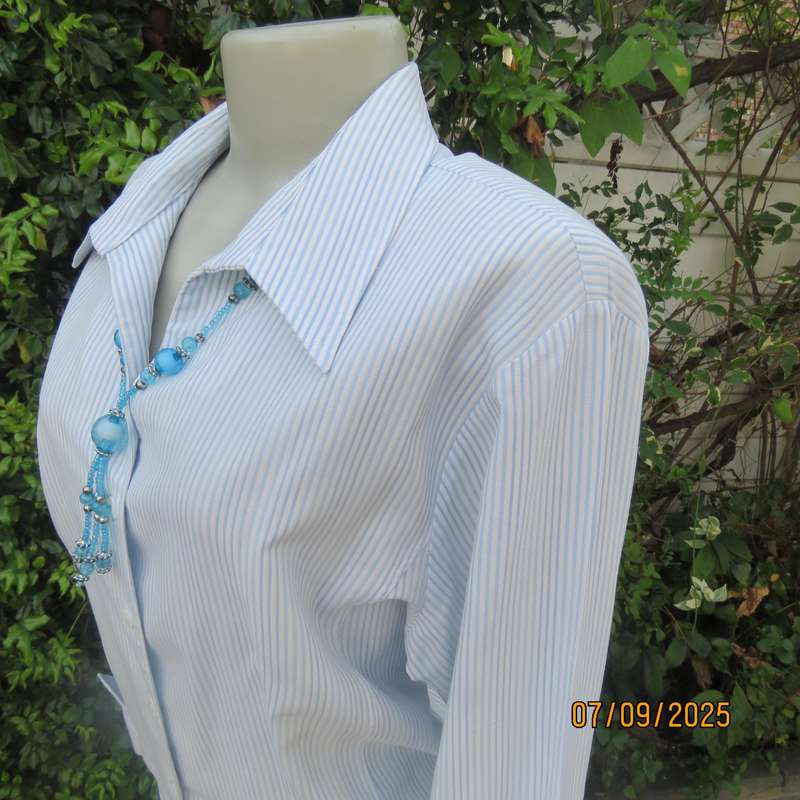 QUEENSPARK blue-white vertical striped high quality polycotton long sleeve top. Size 42