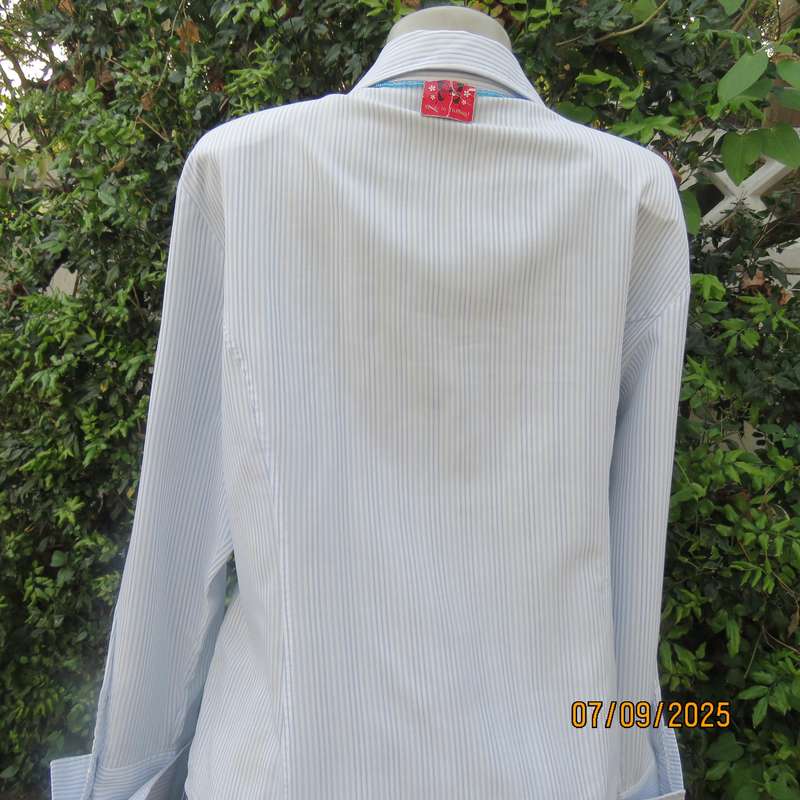 QUEENSPARK blue-white vertical striped high quality polycotton long sleeve top. Size 42