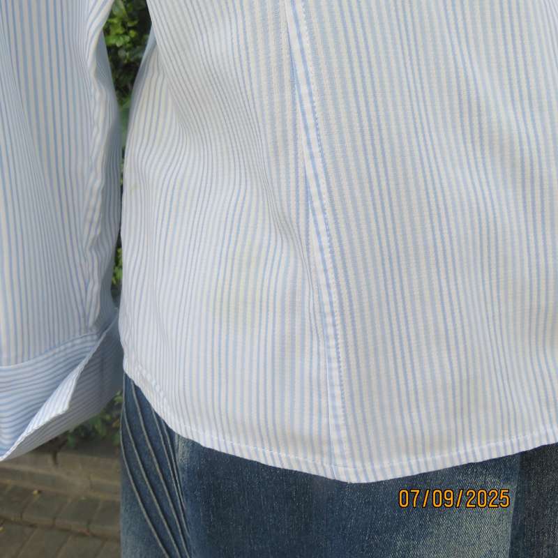 QUEENSPARK blue-white vertical striped high quality polycotton long sleeve top. Size 42