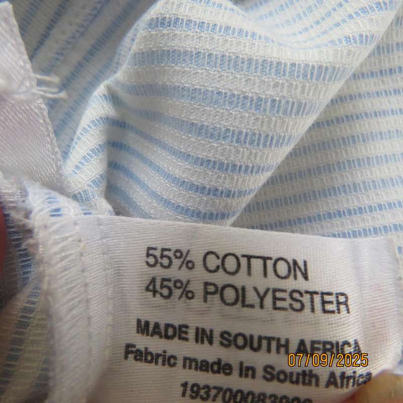 QUEENSPARK blue-white vertical striped high quality polycotton long sleeve top. Size 42