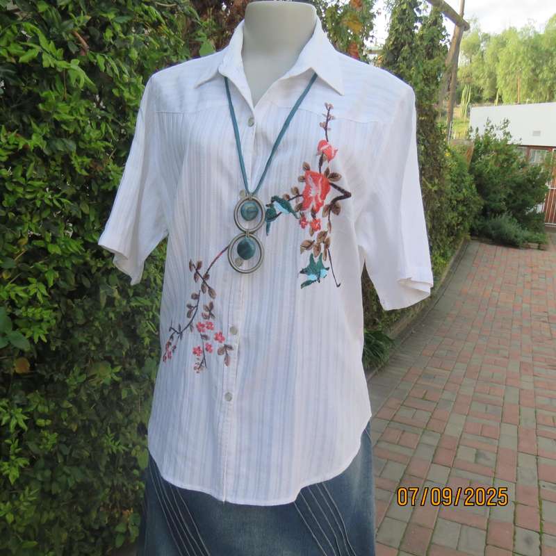 ML Classics white cotton with embossed stripes and bird-floral embroidery. Size 40