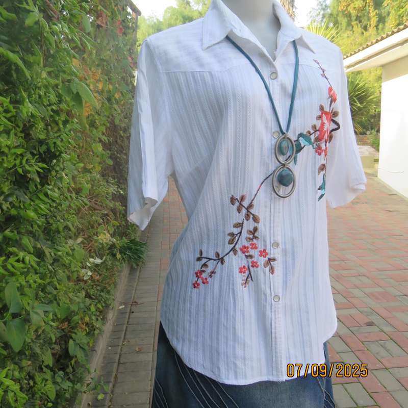 ML Classics white cotton with embossed stripes and bird-floral embroidery. Size 40
