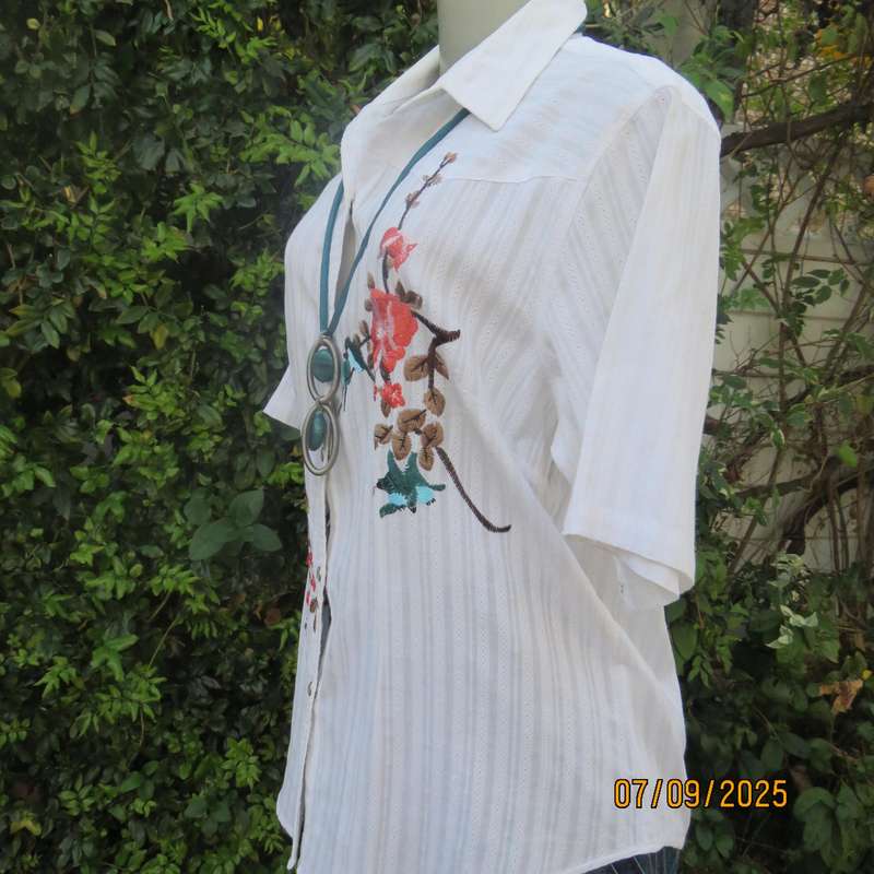 ML Classics white cotton with embossed stripes and bird-floral embroidery. Size 40