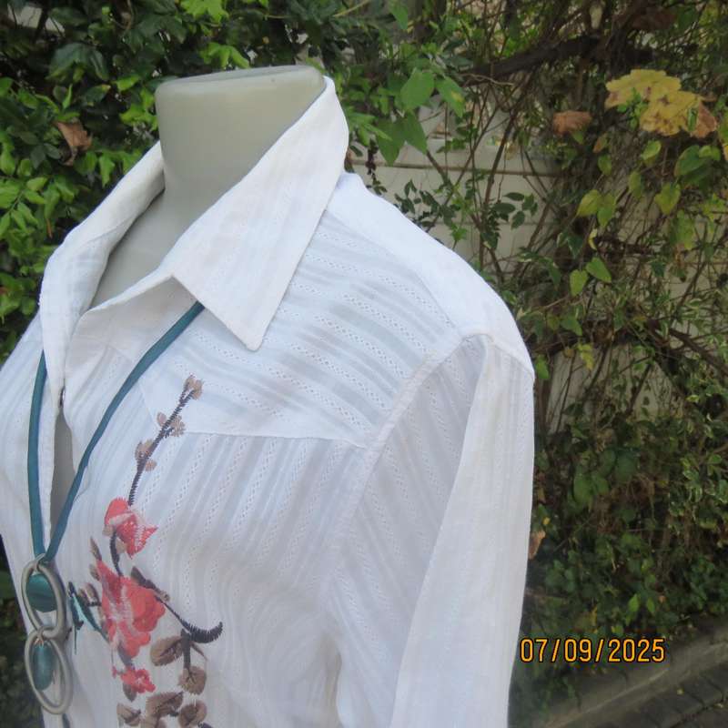 ML Classics white cotton with embossed stripes and bird-floral embroidery. Size 40