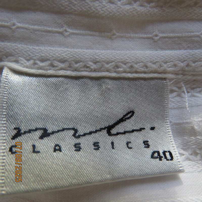 ML Classics white cotton with embossed stripes and bird-floral embroidery. Size 40