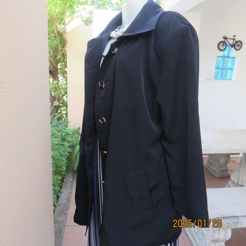 Very black LADY QUEEN long black lined polyester jacket. 5 button closure. Size 42..As new