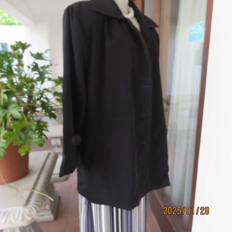 Very black LADY QUEEN long black lined polyester jacket. 5 button closure. Size 42..As new