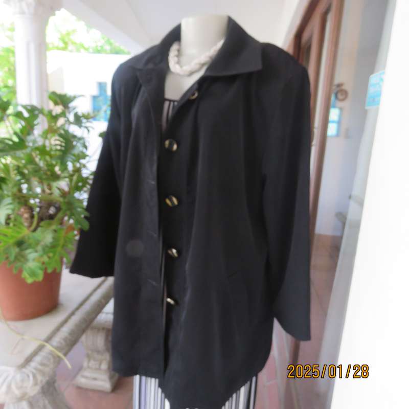 Very black LADY QUEEN long black lined polyester jacket. 5 button closure. Size 42..As new