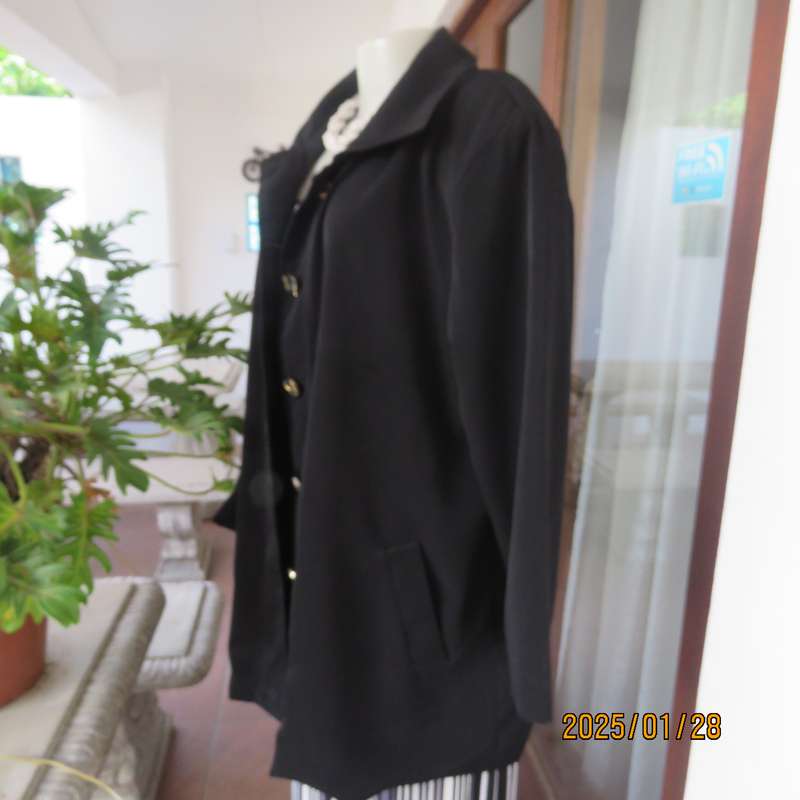 Very black LADY QUEEN long black lined polyester jacket. 5 button closure. Size 42..As new