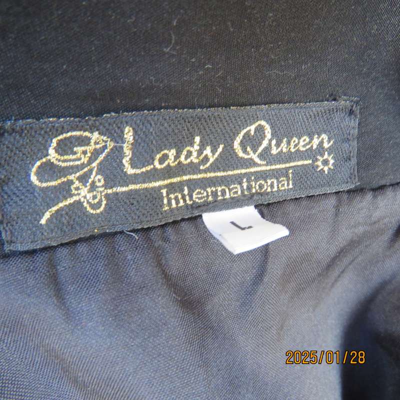 Very black LADY QUEEN long black lined polyester jacket. 5 button closure. Size 42..As new