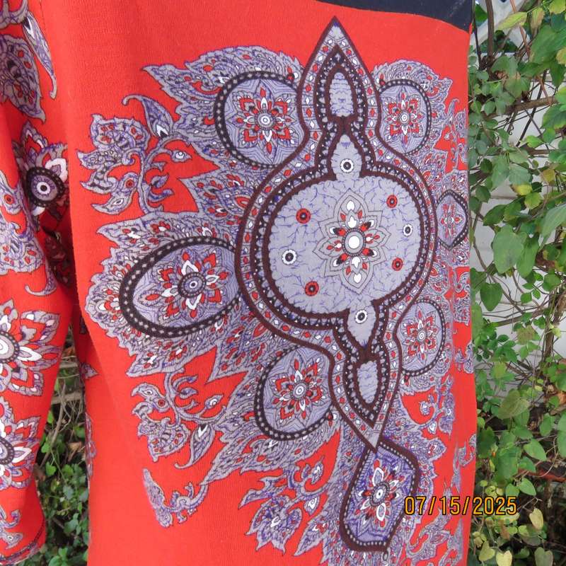 NEWS warm red stretch polyester long top with grey-brown-purple baroque print. Size 42.