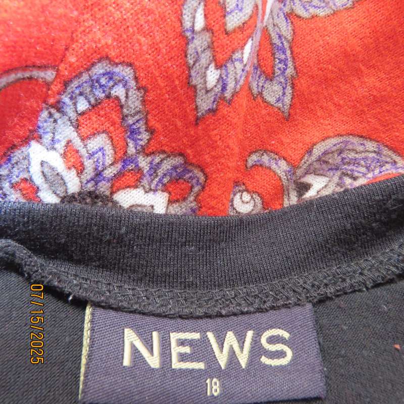 NEWS warm red stretch polyester long top with grey-brown-purple baroque print. Size 42.