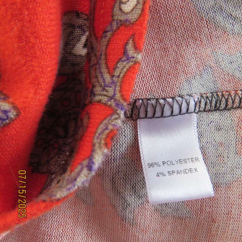 NEWS warm red stretch polyester long top with grey-brown-purple baroque print. Size 42.