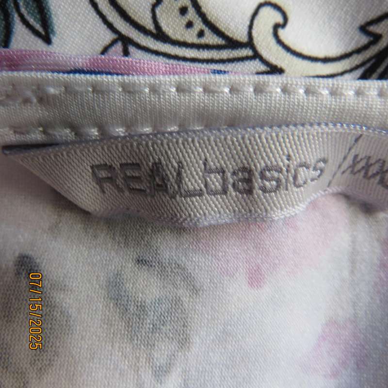 Tasteful pink-blue floral print on white background long stretch polyester top. Size 44