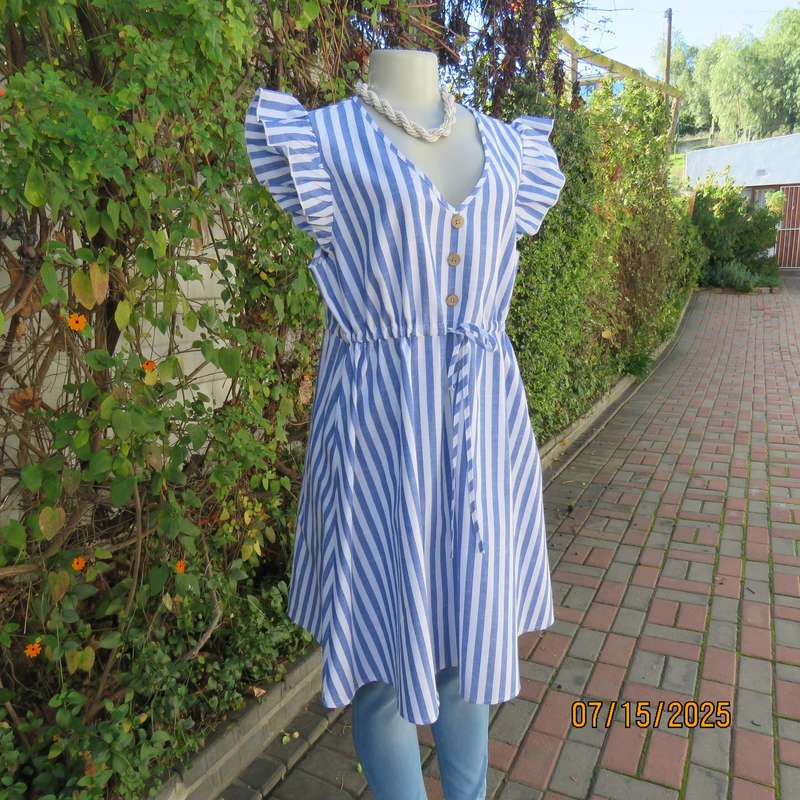 SHEIN blue-white vertical striped polycotton dress-long top. Size 40. Drawstring waist.