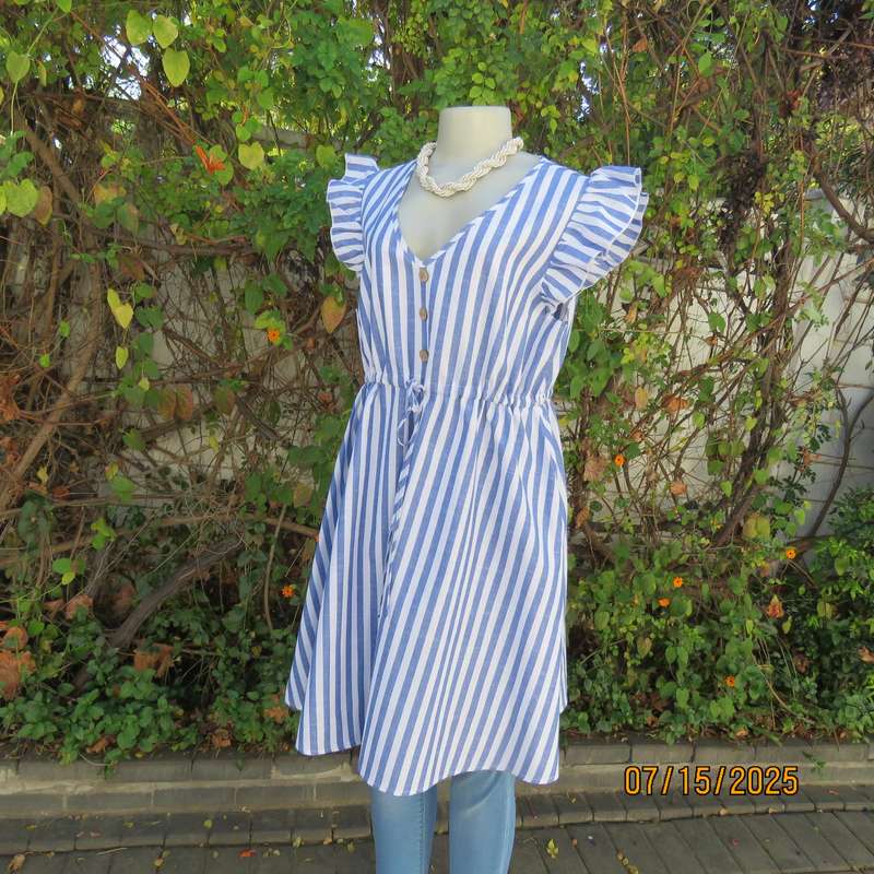 SHEIN blue-white vertical striped polycotton dress-long top. Size 40. Drawstring waist.