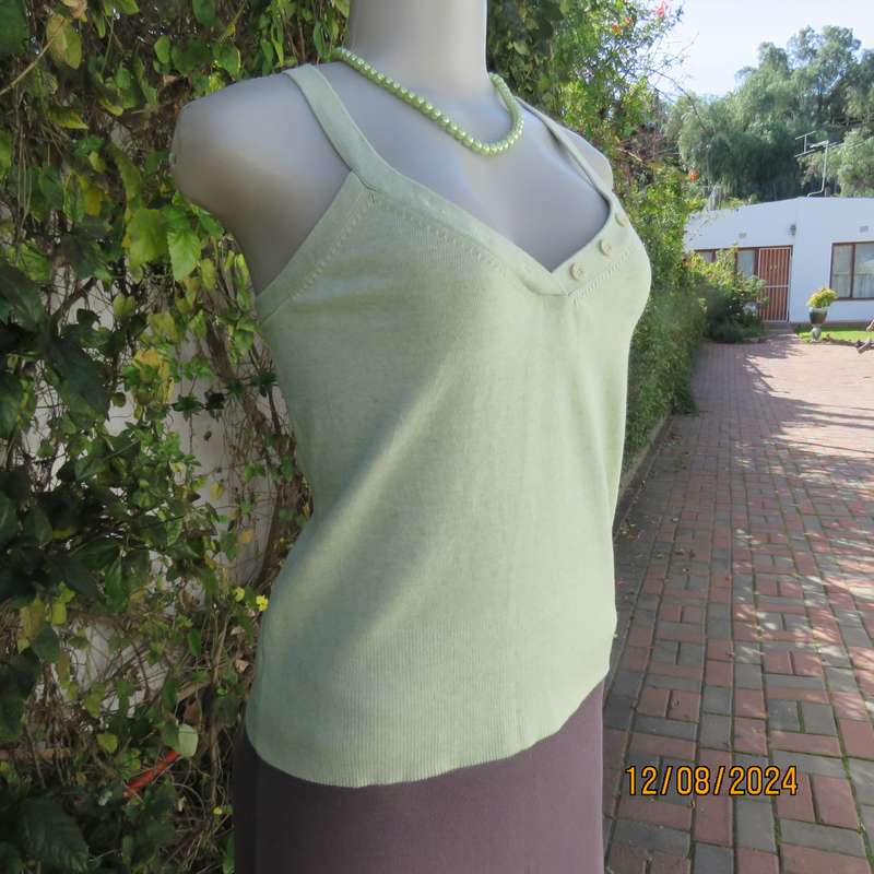 Soft mint green cotton/polyamide stretch knitted size 34 top by PURE. V front.Button decor. As new
